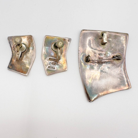 Taxco Sterling Silver Inlaid Crushed Turquoise Warrior Brooch/Pendant w Earrings - Picture 7 of 13